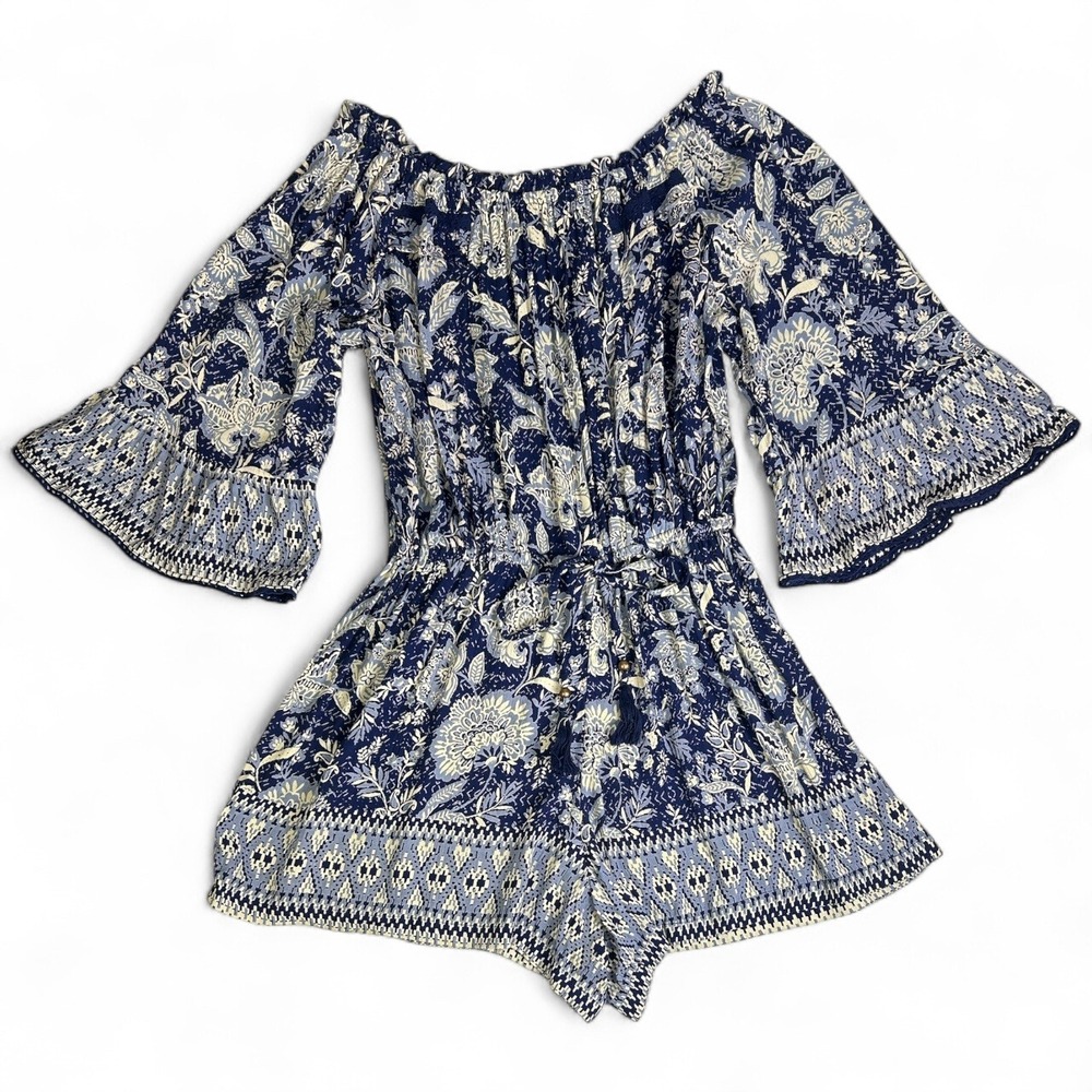 Angie Blue Floral Off Shoulder Romper Small Bell Sleeve Tassel Waist